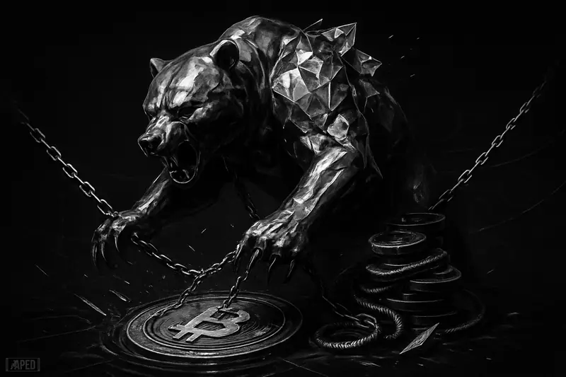A metallic bear looms over a sinking crypto trading symbol, pulling downward with chains amid tense market machinery and a dark data-grid backdrop.
