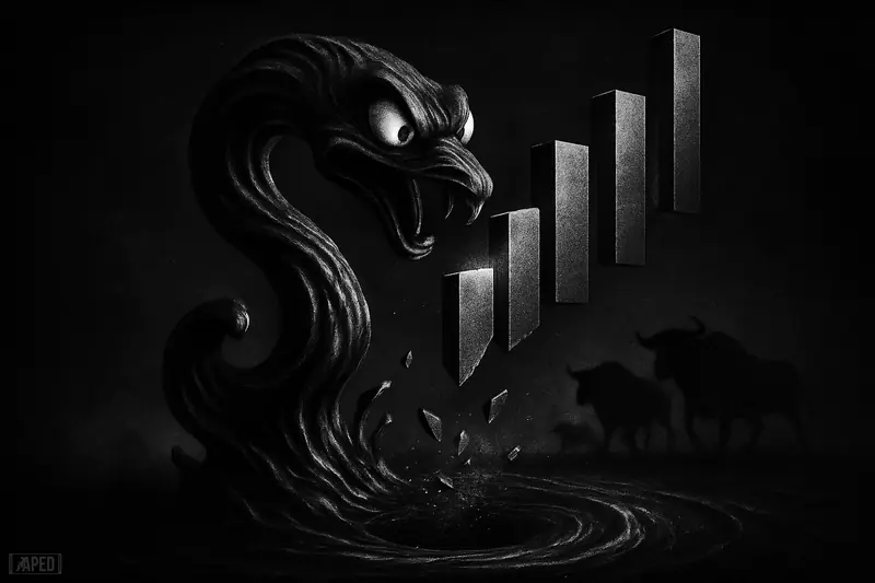 A ripple-like sea creature rises toward a chart gap while a dark whirlpool below pulls debris downward in a tense grayscale market scene.