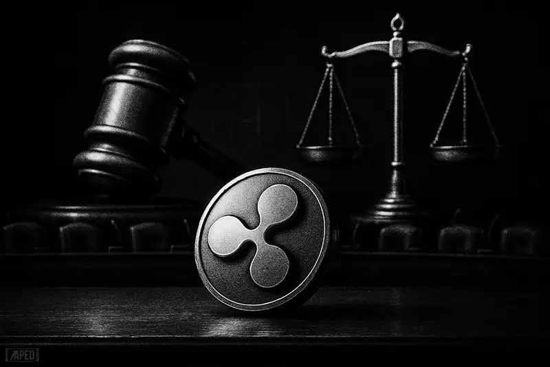 A metallic XRP-like emblem faces looming gavel and scales in a dark Senate hearing room, suggesting tense regulatory scrutiny and possible clarity.