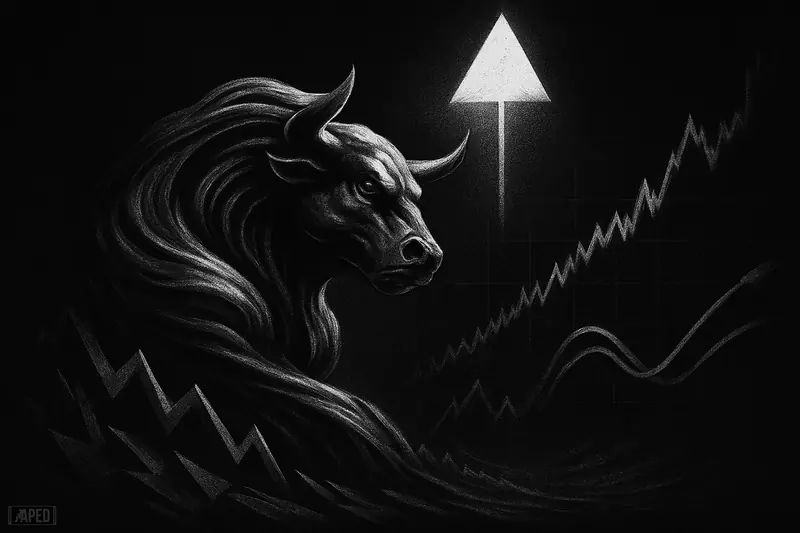 A metallic wave-creature rises toward a glowing triangle as chart shards and crossed signal arms suggest bullish crypto breakout tension.