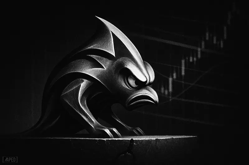 A metallic wave-like crypto beast crouches over a cracking ledge as dark barriers and chart-like shadows press down behind it.