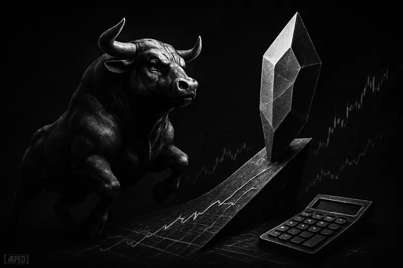 A grayscale bull strains beside a crystal token shard on a steep ramp, with chart lines and a calculator in a dark market scene.