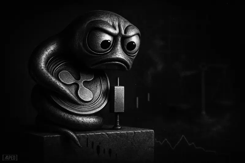 A grayscale metallic sea creature hesitates on a cracked ledge above a trading pedestal in a dark grid-filled financial scene.