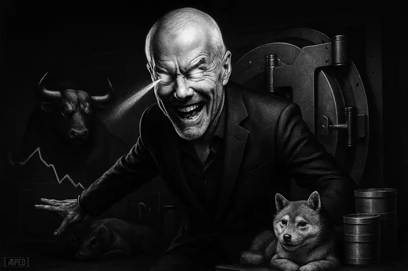 Michael Saylor with exaggerated laser-eyed intensity stands by a vault as a bull, a slumping wave, and a guarded shiba suggest shifting crypto sentiment.