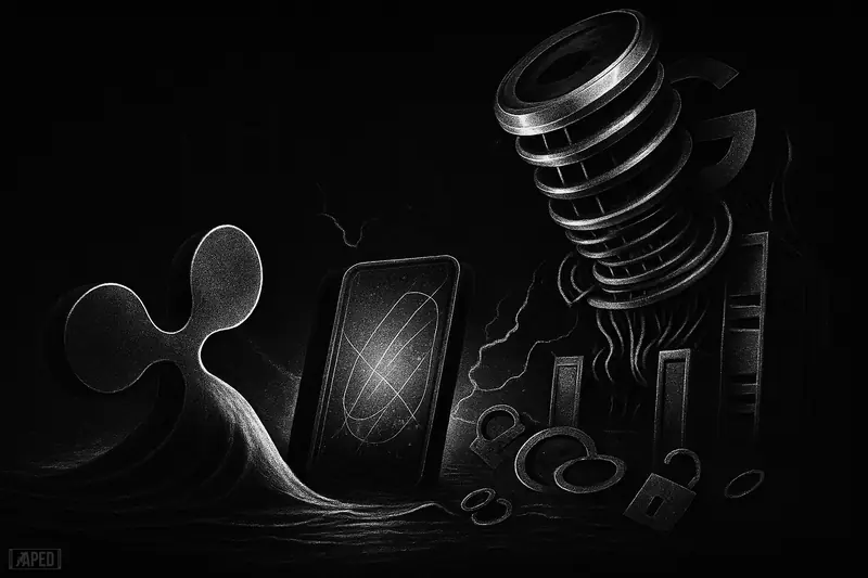 A metallic ripple shields a cryptographic vault from a looming quantum machine in a dark grayscale data-grid environment.