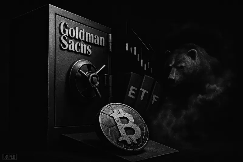 A looming bank vault machine towers over a cracked token-like orb sliding downward as a bear stalks through a dark financial scene.