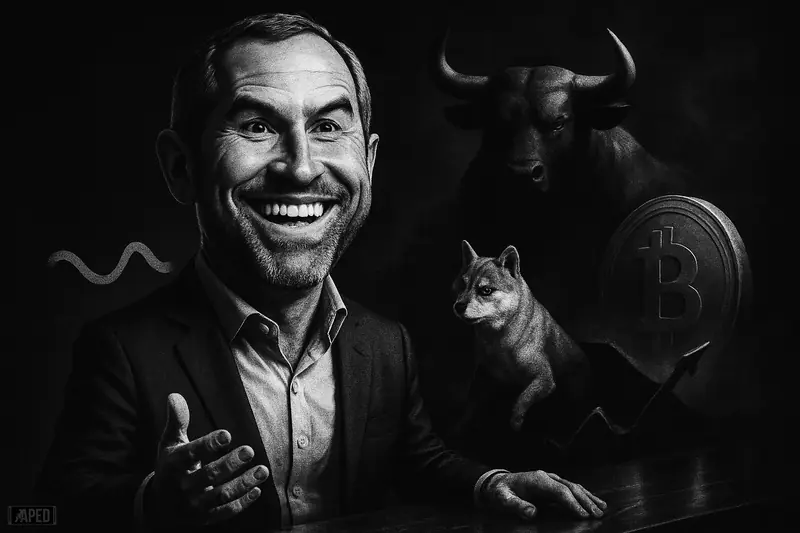 Brad Garlinghouse stands confidently in a dark grayscale financial scene, with ripple waves, a wary shiba inu, and looming Bitcoin market symbols behind him.