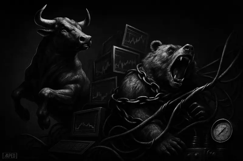 A monochrome bull surges upward as a trapped bear is squeezed by chains and cables amid dark trading machinery and a faint data grid.