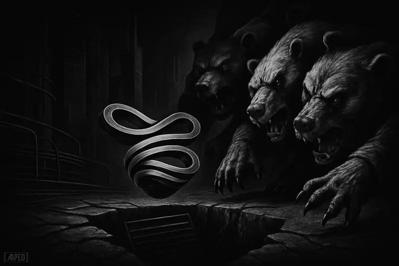 A metallic XRP-like spring hovers over a dry market abyss while shadowy bear traders panic in a dark, data-grid trading chamber.
