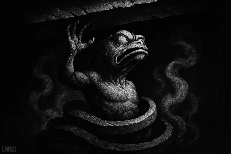 A grayscale sea-creature caricature strains upward beneath a stone barrier while smoky trading activity swirls around it in a dark grid-lined scene.