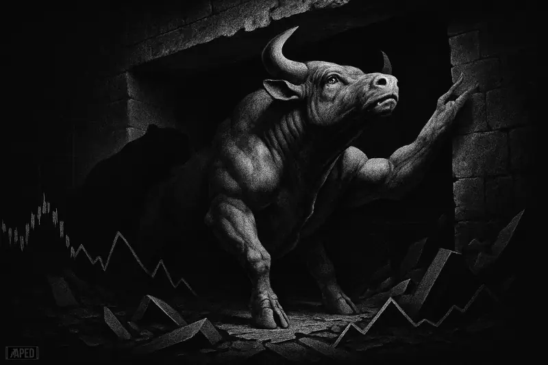 A grayscale bull strains upward through a broken descending corridor while a shadowy bear lingers behind in a dark chart-like scene.