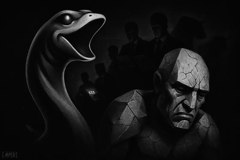 A ripple-like predator rises as a cracked stone titan sinks, while suited investors watch in a dark grayscale financial scene.