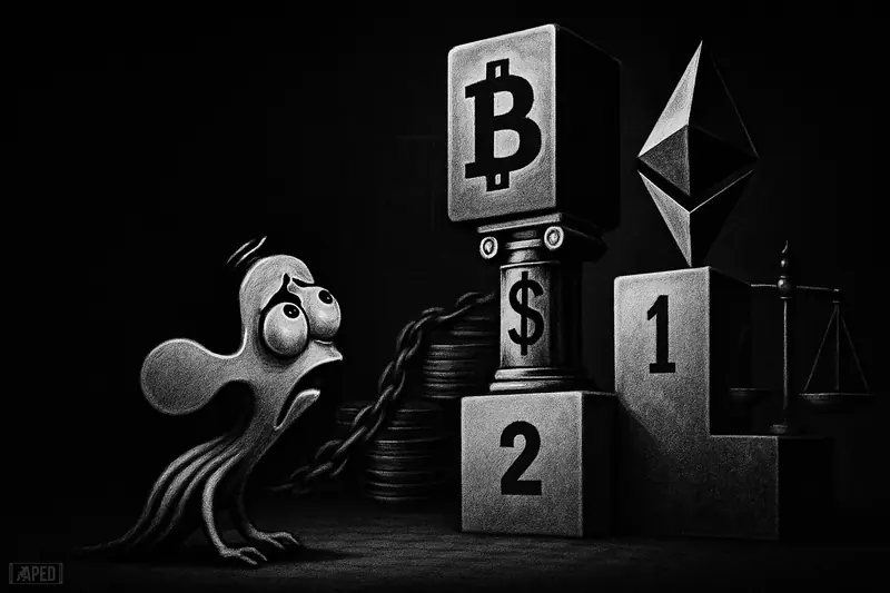 A ripple-like creature reaches for a towering three-part podium beneath looming crypto symbols in a dark grayscale financial scene.