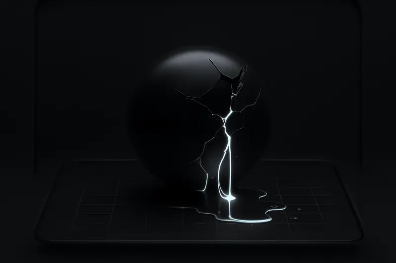 Cracked dark glass sphere leaking bright neon fluid onto faint chart gridlines, with scattered glowing shards on a black background.