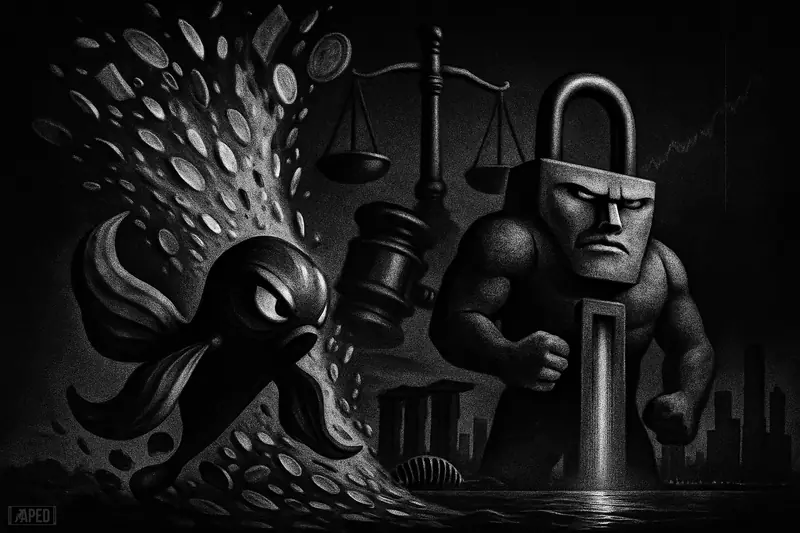 Monochrome cinematic scene of a ripple-like metal creature and a padlock robot amid coins, with gavel, scales, and Singapore skyline in shadow.