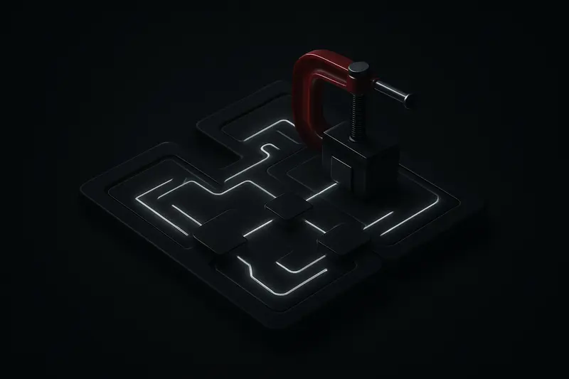 Glowing neon-blue blockchain grid halted by a dark metal clamp with a red warning light on black background