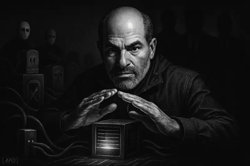 David Schwartz caricature protects server infrastructure as shadowy state figures loom behind anonymous network tunnels in a dark grayscale scene.