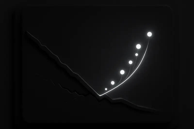 Neon-blue waveform pulses surge through a dark circuit grid, colliding with a cracked downward line on black background.