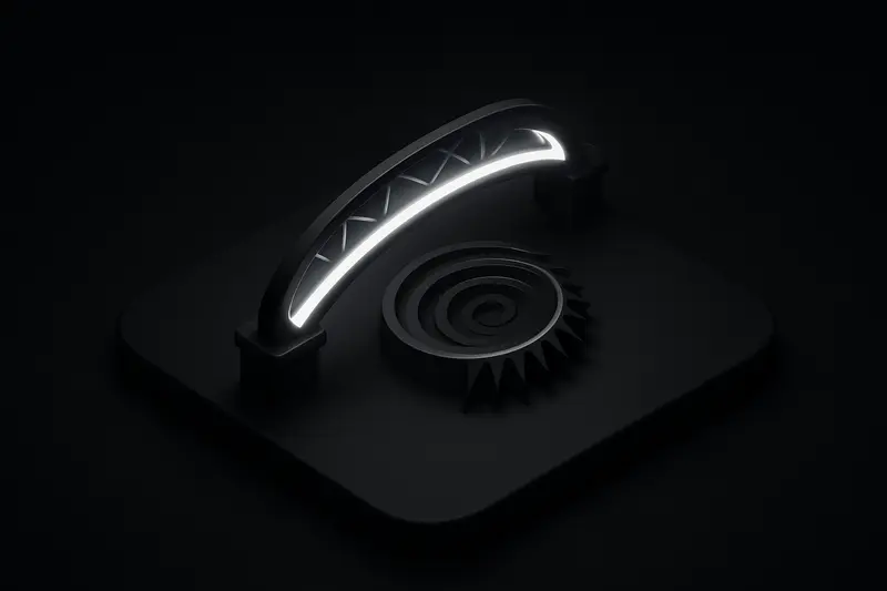 Neon-lit chain bridge connects two dark ledgers, ending in a sharp spiral dial marked by rising glowing segments.