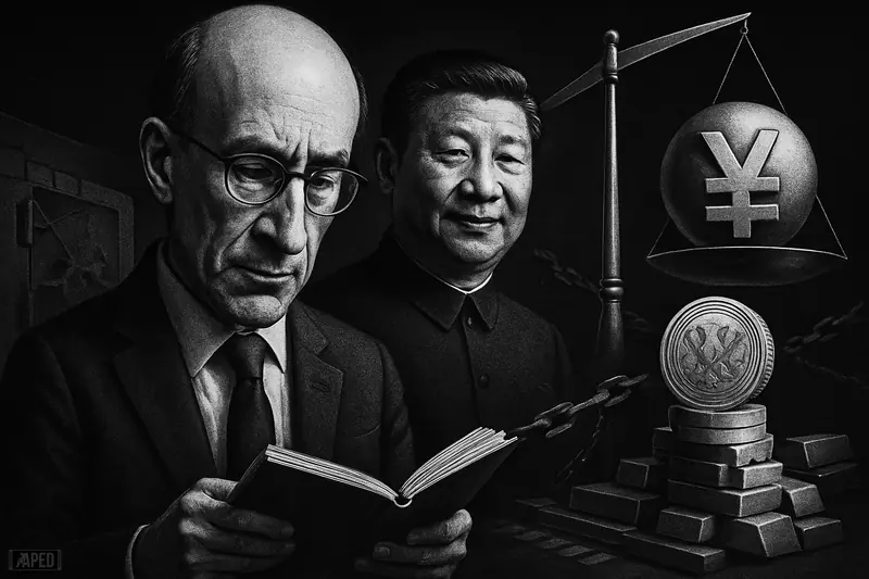 Kenneth Rogoff and Xi Jinping in a dark financial scene, studying a tilting reserve scale amid vaults, chains, and global payment symbolism.
