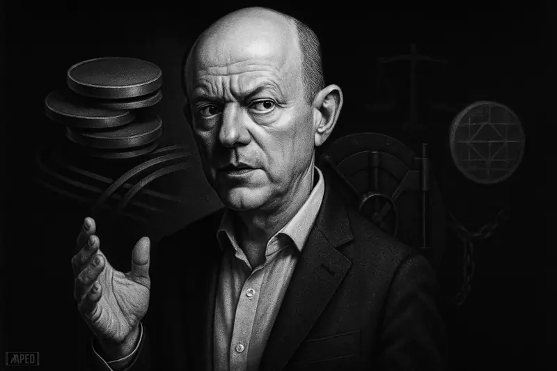 Jeremy Allaire in a moody grayscale caricature scene, gesturing before shadowy payment rails, digital token forms, and a chained vault.