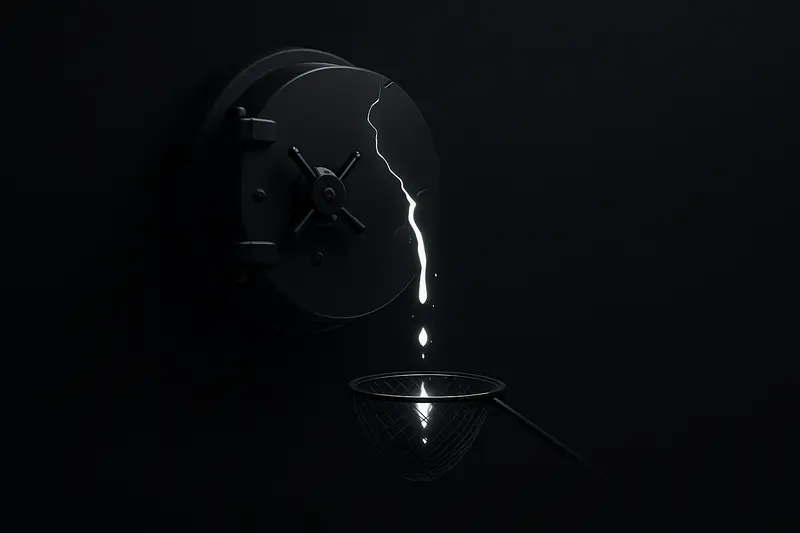 Cracked black vault emitting thin streams of neon light into a wide net, with scattered glowing chips on dark background
