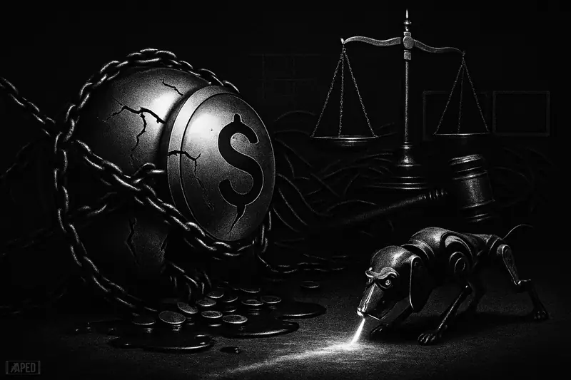 A cracked metallic vault sphere spills dark coins while an investigator drone tracks evidence amid justice scales and surveillance in grayscale.