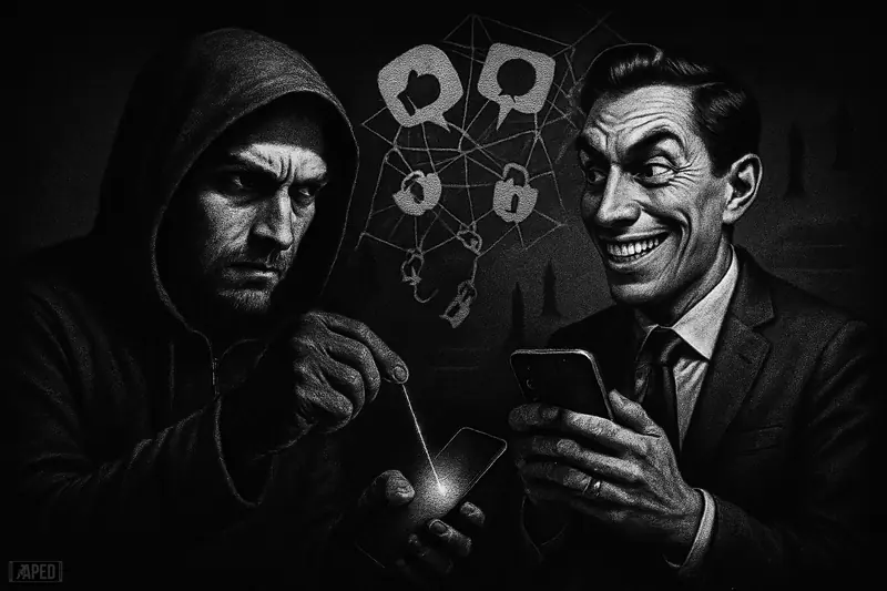 A hooded crypto sleuth confronts a smug influencer while puppet strings, broken locks, and warlike shadows suggest misinformation-driven pump-and-dump scams.