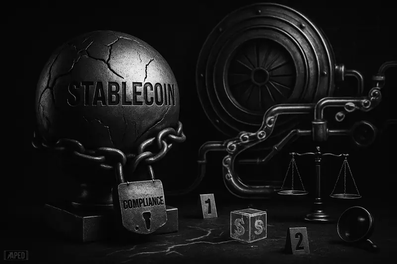 A cracked stablecoin vault with half-open chains leaks through forensic tubes beneath a looming corporate machine in a dark grayscale data-grid scene.