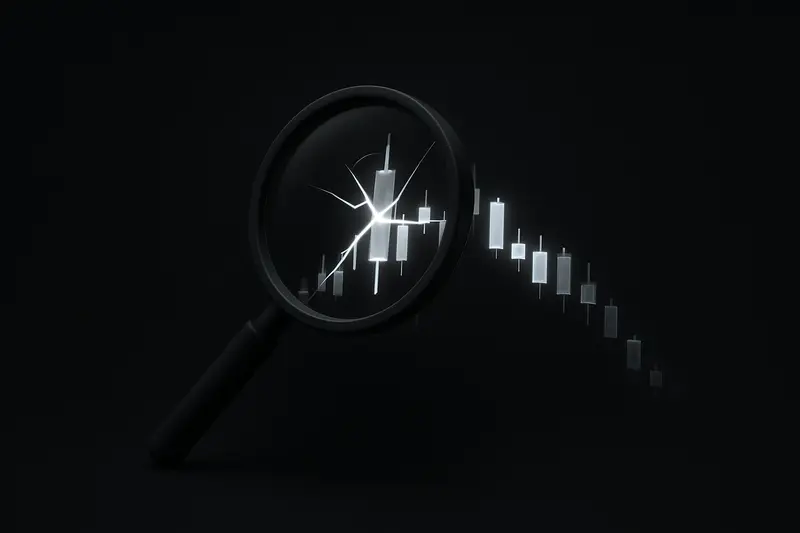 Glowing magnifying glass hovering over a fractured neon candlestick chart, with red shards and drifting digital dust on black.