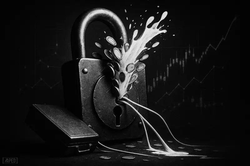 An oversized padlocked vault bursts open as blank coins and glowing capital surge upward, with thin liquidity streams and faint market chart shapes behind.