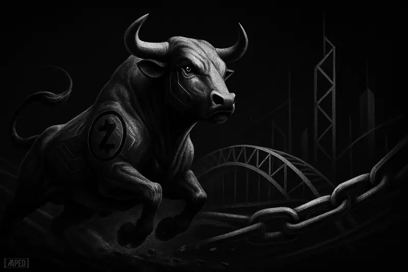 A metallic bull-like beast charges upward across abstract blockchain bridges in a dark grayscale scene symbolizing privacy coin momentum and cross-chain demand.