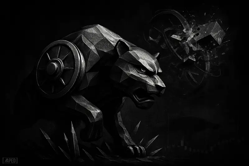 A metallic vault-like beast surges upward as a fractured quantum machine retreats against a dark grid background in stark black and white.