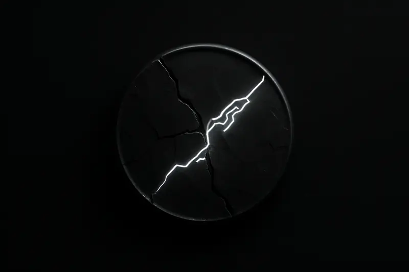 A dark metallic coin split down the center, fused by a glowing circuit-like seam against a black background.