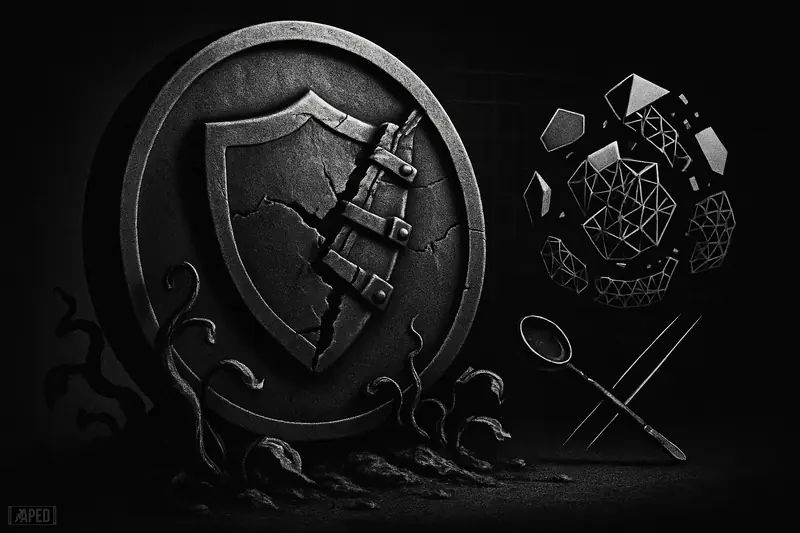 A cracked vault-like privacy coin relic is being sealed shut amid dead vines and cryptographic shapes in a dark grayscale scene.