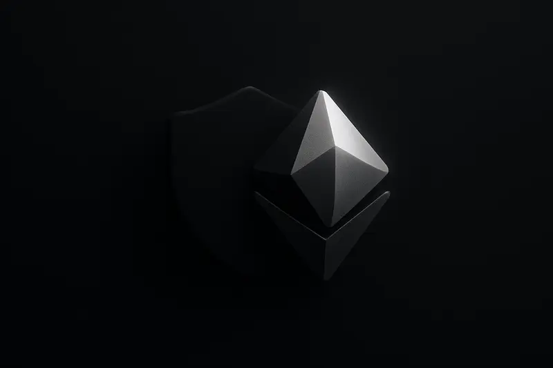 On a black background, a faint glowing shield is partially eclipsed by a larger bright crystalline prism emitting subtle light rays.