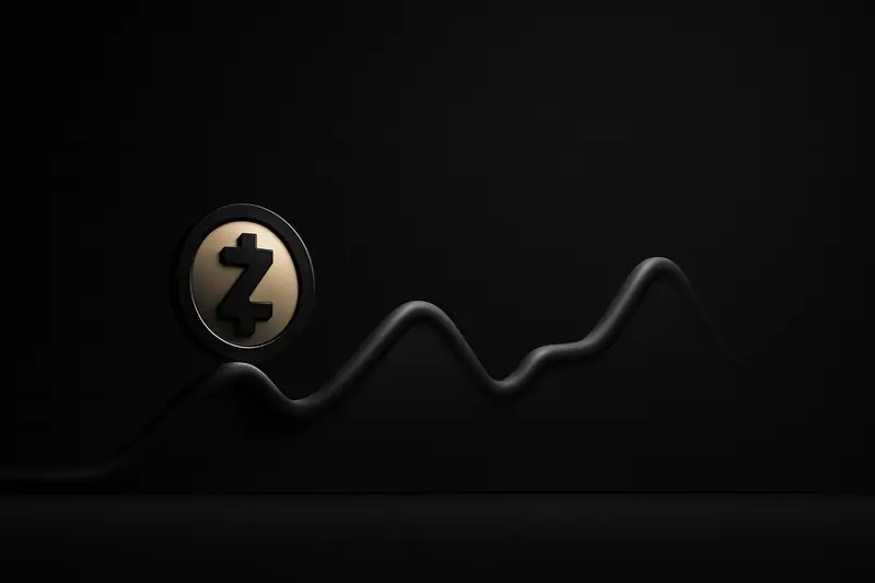 Glowing violet coin with shield-like circuit patterns bursting through a sharp rising waveform on a dark, smoky background.