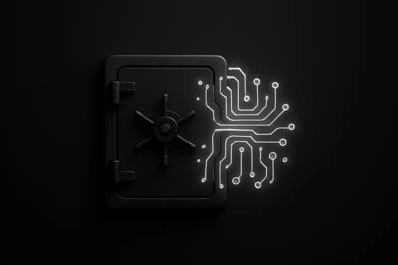 Matte black vault door opening into luminous blue circuit lines, with coin-like discs floating over a dark grid background.