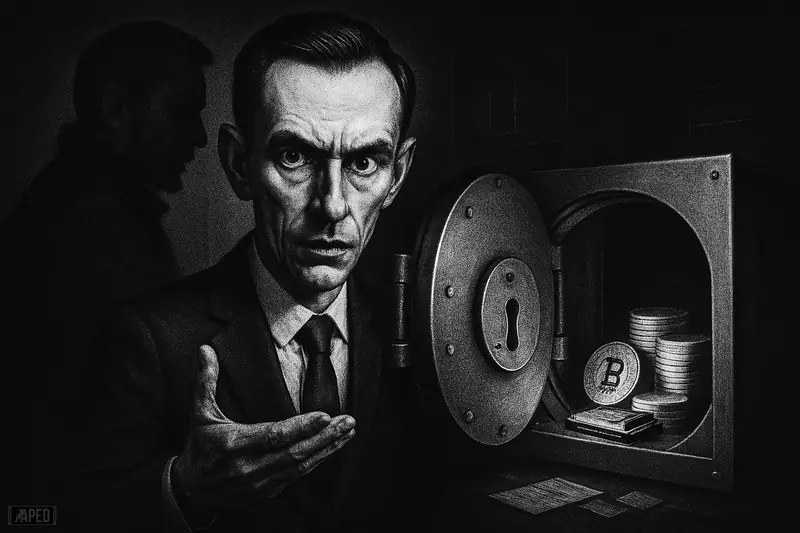 Three Polish figures in a dark grayscale crypto vault scene, with one revealing inaccessible reserves while a shadowy founder lingers behind.
